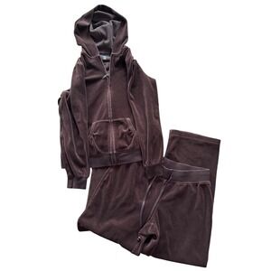 SB Active Brown Velour Tracksuit Set Zip Up Hoodie Drawstring Pants Petite M Y2K